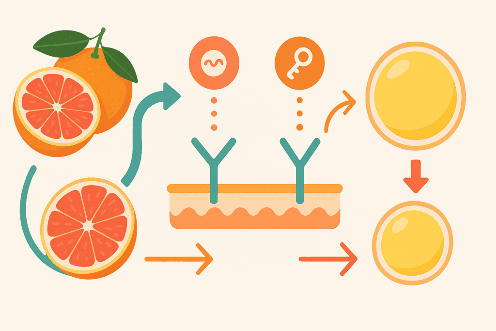 Scientific infographic showing how grapefruit affects fat cells and hormones to support weight loss, illustrating the topic 'Is Grapefruit Good for Weight Loss
