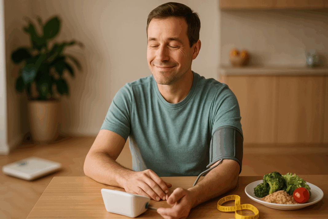 Man checking digital monitor at home with healthy food and tape measure nearby, symbolizing how losing weight lower blood pressure