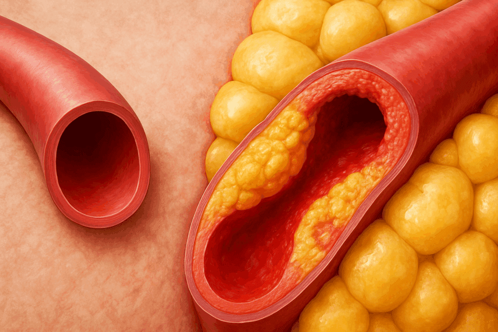 Visual comparison of a healthy blood vessel and a narrowed artery surrounded by fat tissue, illustrating how losing weight lower blood pressure by reducing vascular compression