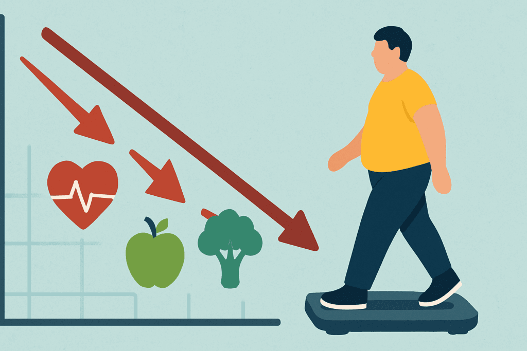 Conceptual illustration showing how losing weight lower blood pressure with arrows pointing down and health icons improving as a person steps on a scale