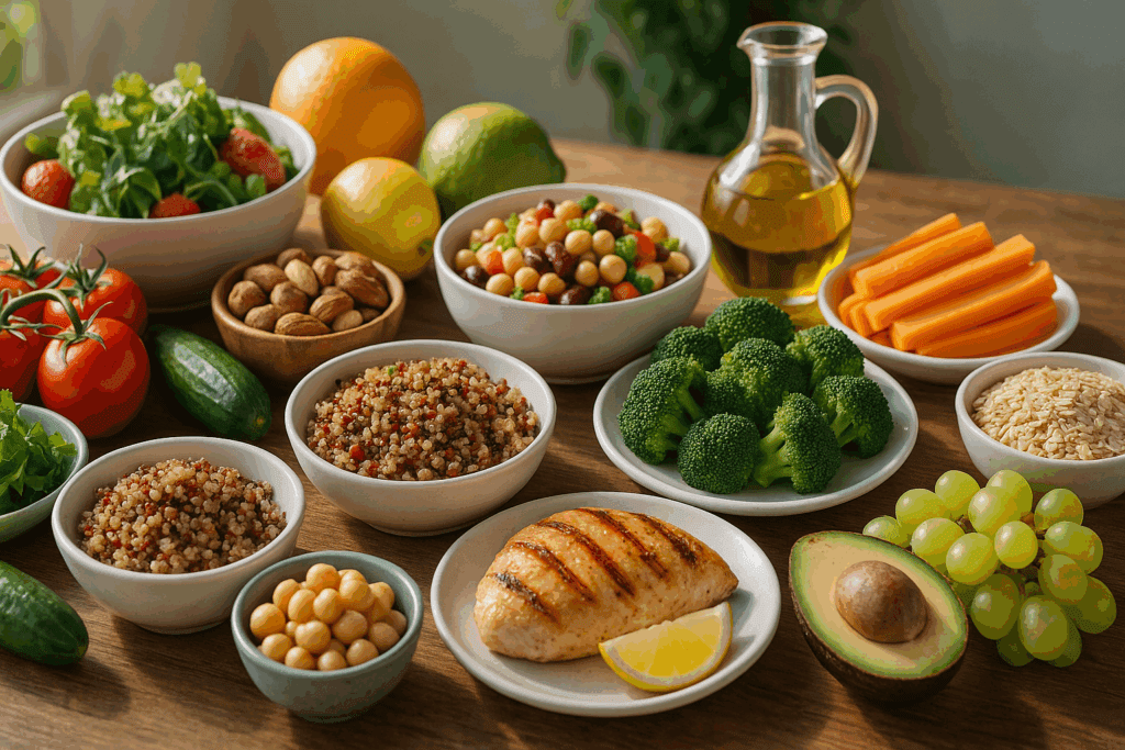 Colorful DASH-style meal with quinoa, grilled chicken, vegetables, legumes, fruits, and olive oil on a wooden table, promoting losing weight lower blood pressure.