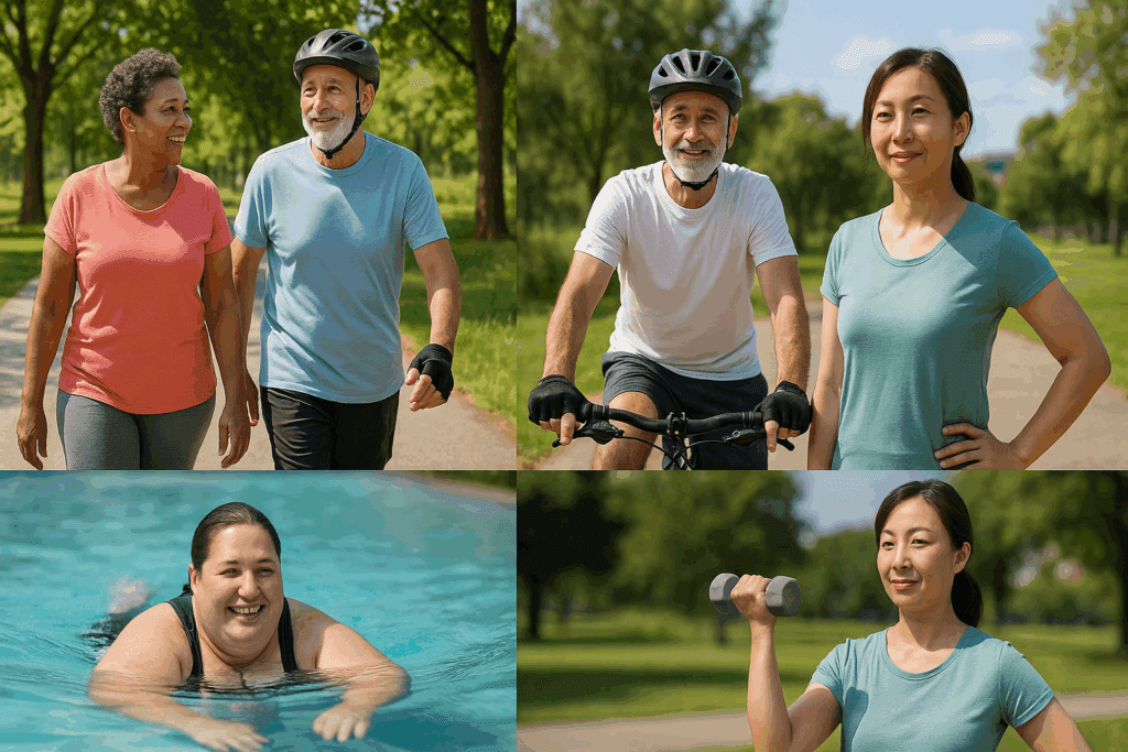 Diverse adults walking, cycling, swimming, and lifting weights outdoors to support losing weight lower blood pressure naturally.
