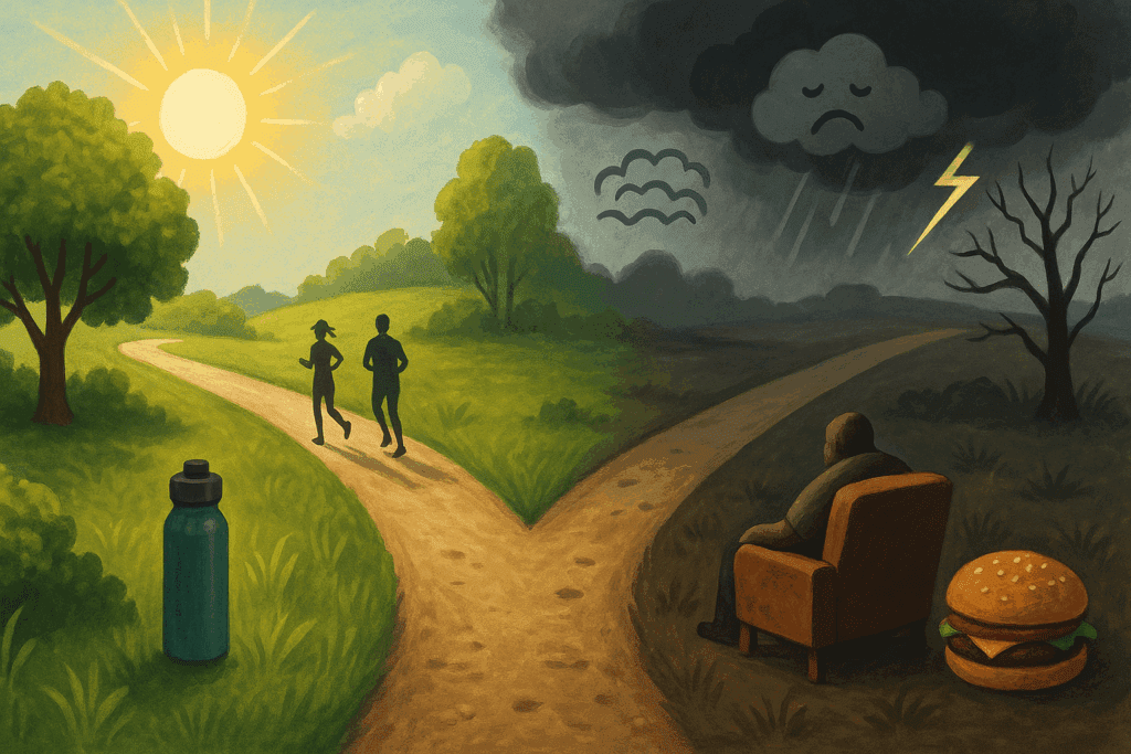 Two diverging paths symbolizing lifestyle choices, with one leading to health through losing weight lower blood pressure habits and the other toward weight regain and poor health.