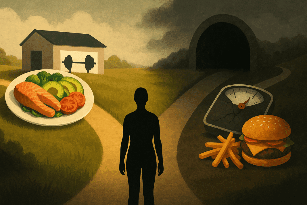 Silhouetted person at a forked path choosing between healthy living and not eating to lose weight, symbolized by nutritious food versus a dark tunnel with junk food and broken scales.