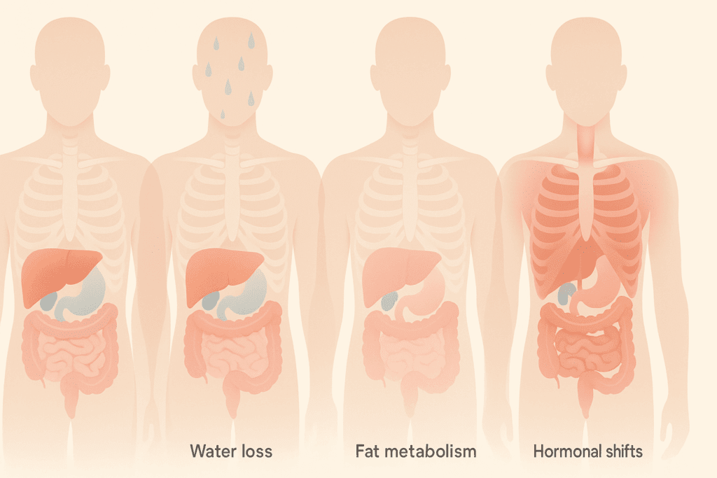 Diagram showing physiological changes over 72 hours of not eating to lose weight, including fat metabolism and muscle breakdown.