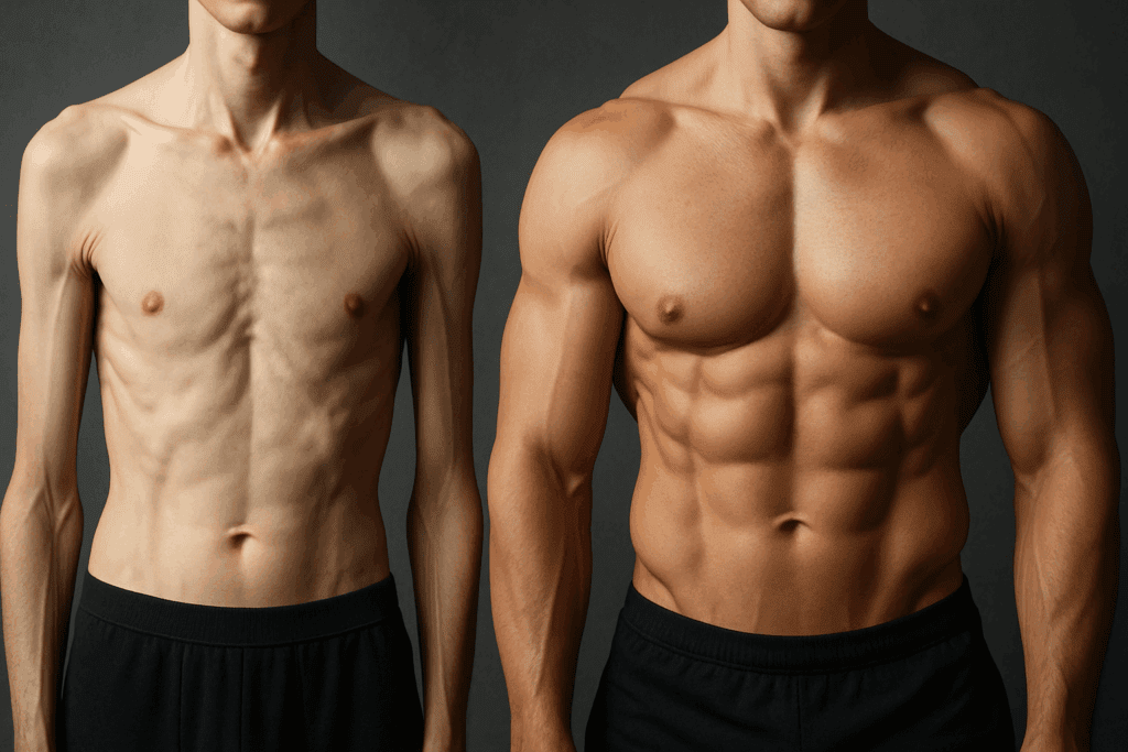 Visual comparison of two male bodies—one showing rapid changes from not eating to lose weight, the other with defined muscles from healthy fat loss.