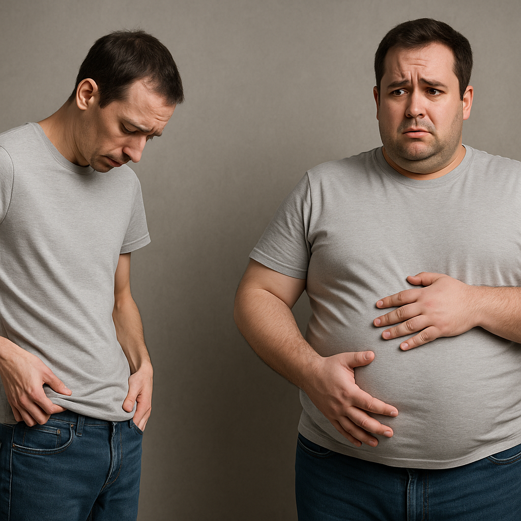 Before-and-after concept showing a man appearing thinner from not eating to lose weight, followed by visible rebound weight gain