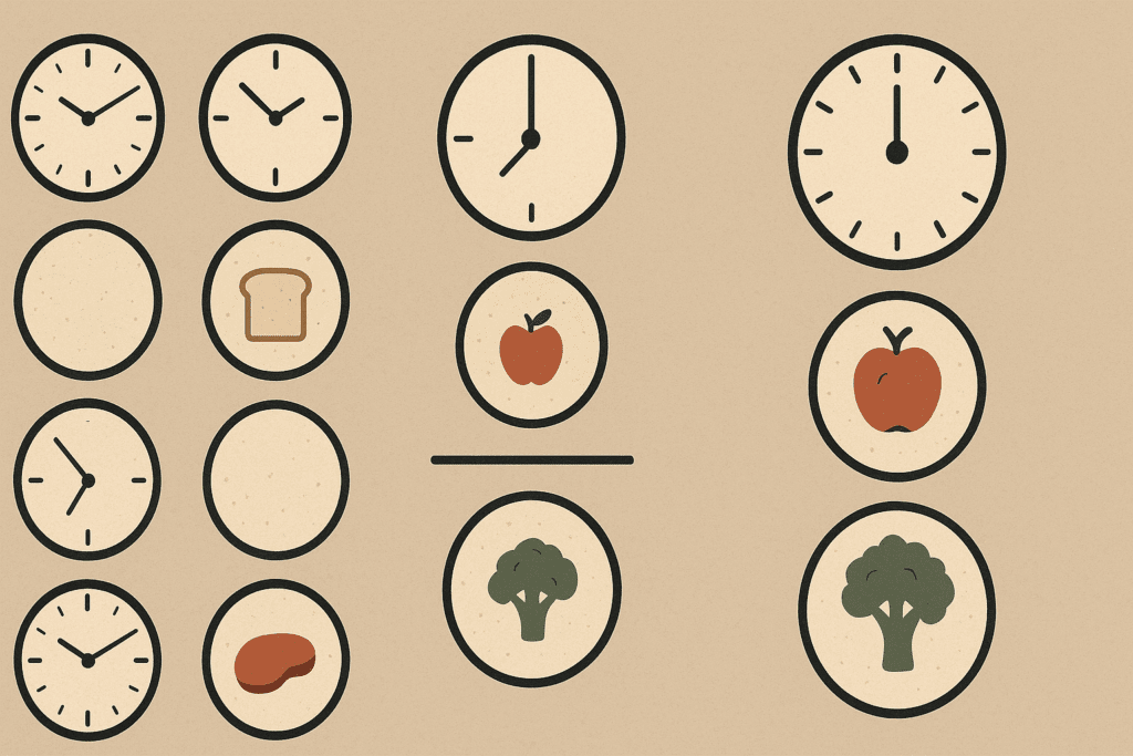 Visual comparison of unstructured starvation, intermittent fasting, and balanced diets using clocks and food icons to explore approaches to not eating to lose weight