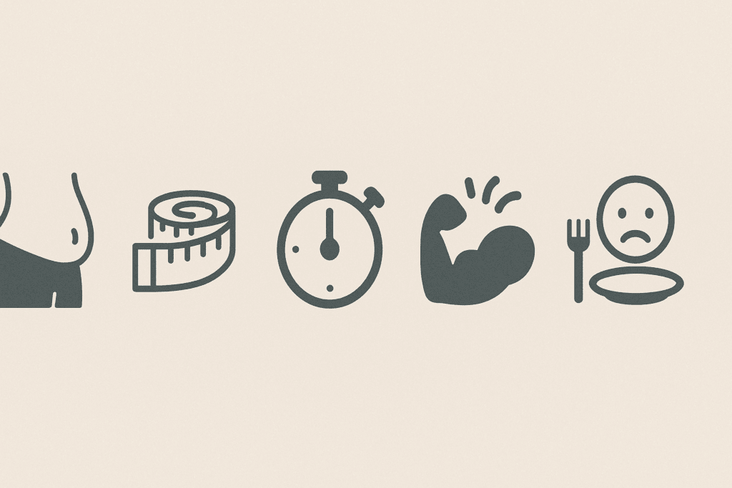 Infographic showing five icons symbolizing FAQs about not eating to lose weight, including belly fat myth, metabolism slowdown, fasted cardio, muscle fatigue, and emotional eating.