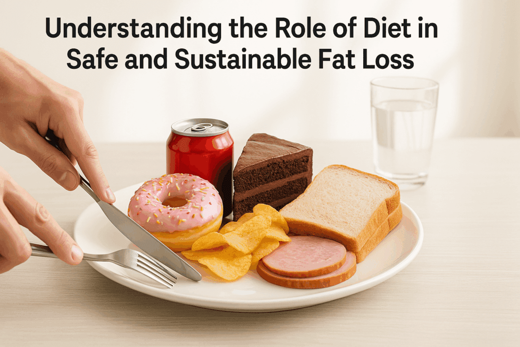 Fork and knife pushing away junk food like soda, donut, cake, chips, and white bread from a plate, symbolizing what not to eat to lose weight