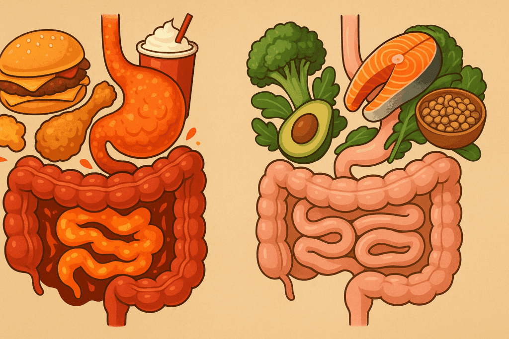 Side-by-side digestive systems showing What Not to Eat to Lose Weight versus healthy whole foods that promote fat loss