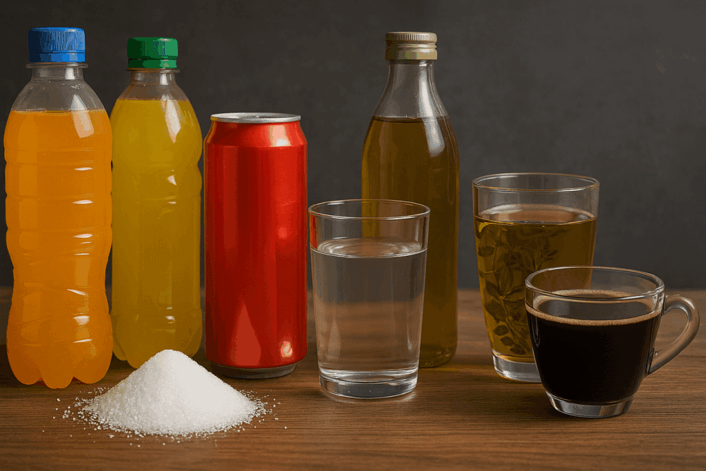 Lineup of sugary beverages like soda and fruit juice beside plain water, herbal tea, and black coffee, highlighting what not to eat to lose weight