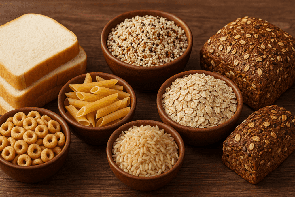 Refined grains like white bread, pasta, and sugary cereal beside whole grains such as quinoa, oats, and brown rice, highlighting what not to eat to lose weight.