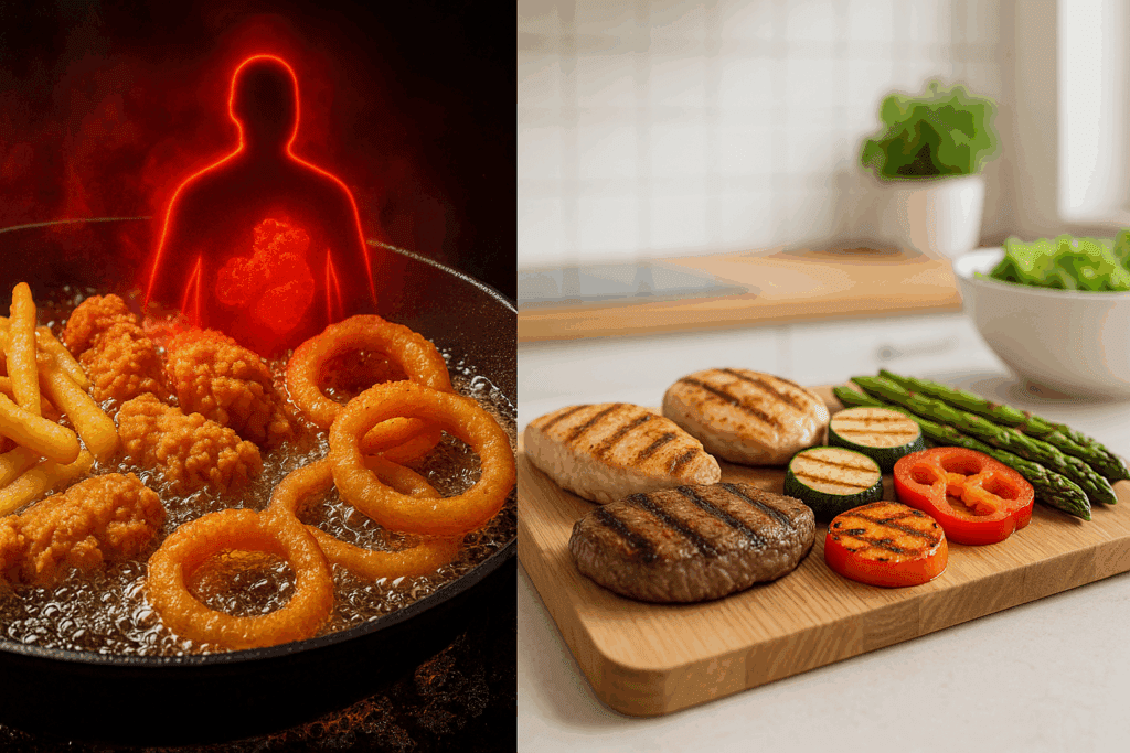 Fried onion rings, chicken, and fries sizzling in oil beside grilled vegetables and lean meats in a kitchen, illustrating What Not to Eat to Lose Weight.