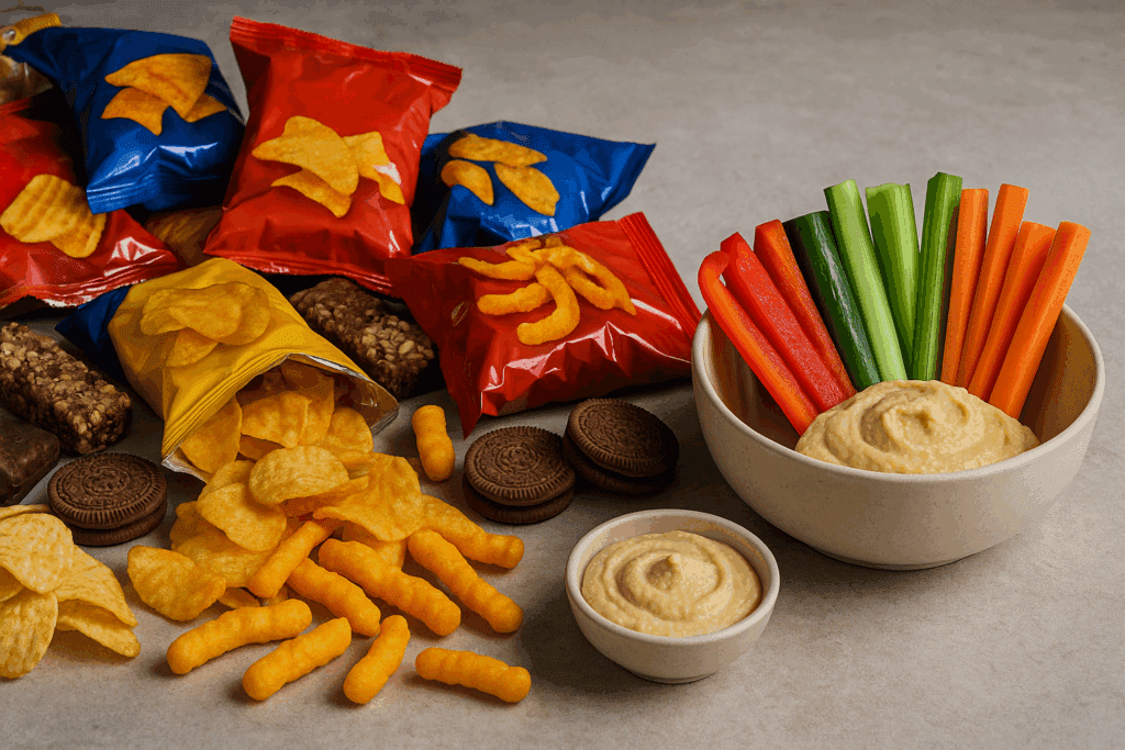 Chaotic pile of ultra-processed snacks next to a clean bowl of fresh vegetables with hummus, illustrating what not to eat to lose weight.