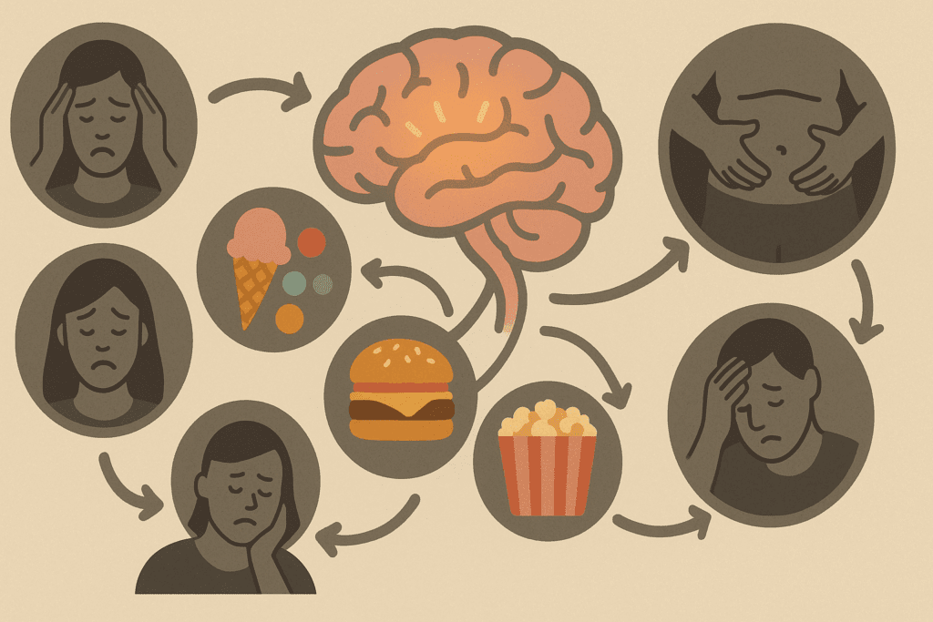 Infographic showing emotional triggers like stress and boredom leading to cravings for ice cream, fast food, and popcorn—highlighting what not to eat to lose weight.