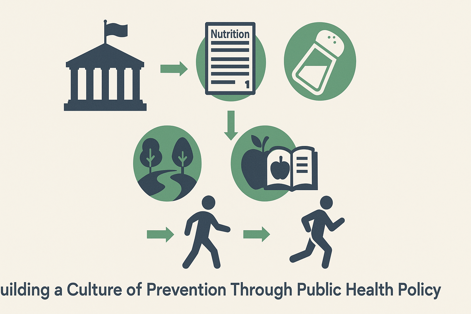 Infographic illustrating hypertension prevention through public health policy, showing a flow from government regulation to community programs to healthy individual behaviors
