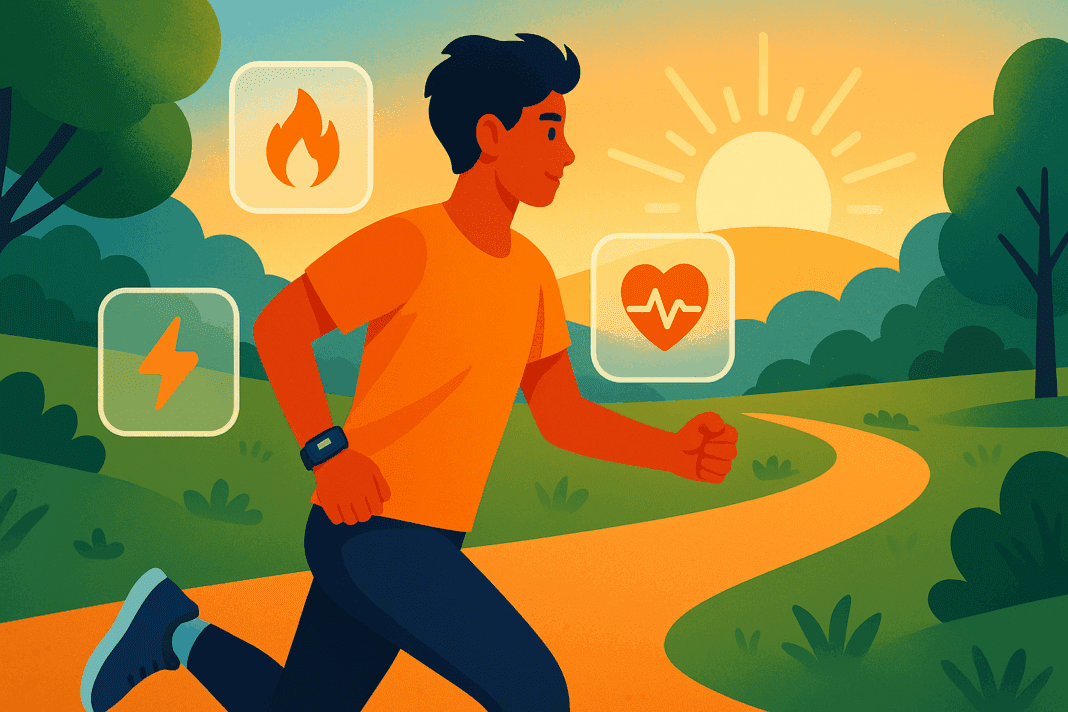 Jogger wearing a fitness tracker runs at sunrise with calorie, heart rate, and energy icons, illustrating how many calories you burn a day.