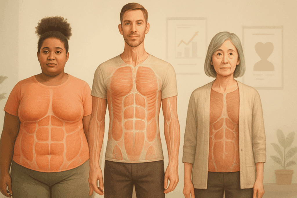 Three diverse adults of different ages and body types showing anatomical overlays that highlight how many calories you burn a day based on weight, height, and age