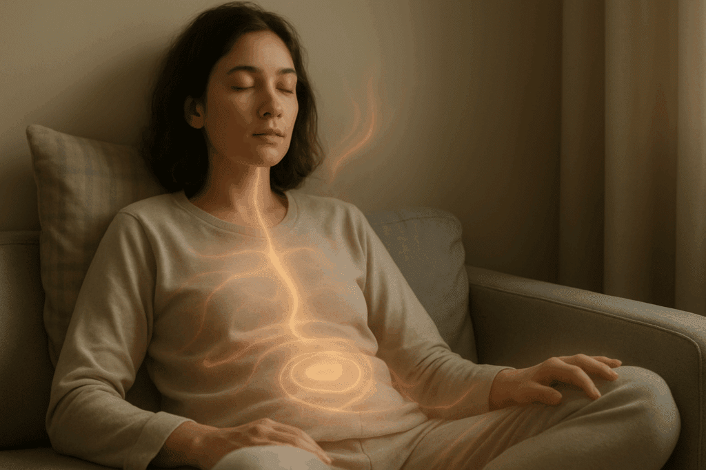Relaxed woman resting on a sofa with glowing energy lines symbolizing metabolism, illustrating how many calories you burn a day at rest
