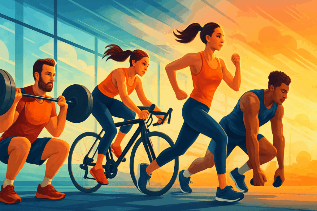 Energetic individuals weightlifting, cycling, running, and doing HIIT in a gym, illustrating how many calories you burn a day through varied exercise.