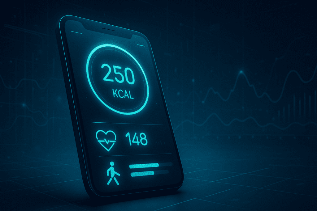 Futuristic smartphone interface displaying real-time metrics to track how many calories you burn a day, with glowing UI for heart rate and activity levels on a sleek digital background.