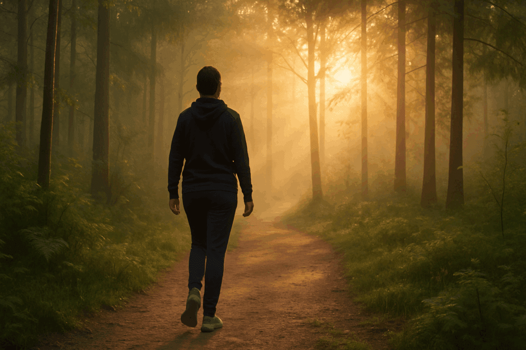 Person walking along a peaceful forest trail at sunrise, symbolizing a steady health journey, for article on How Long Does It Take to Lose Weight Safely.