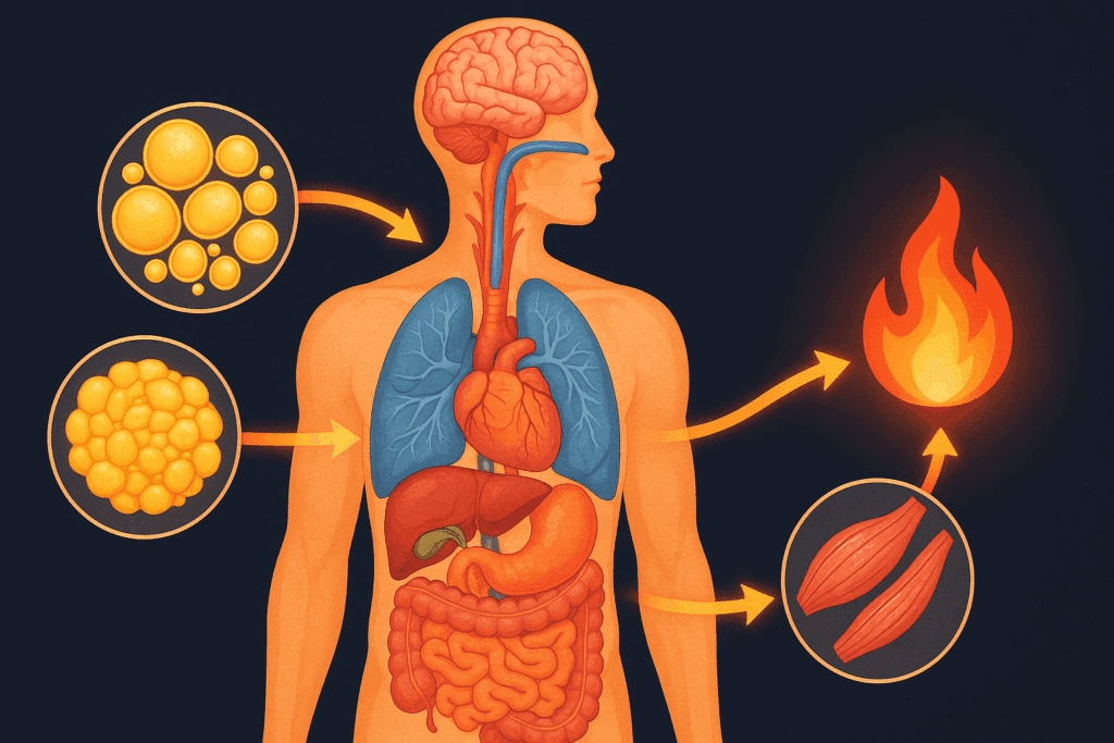 Human body illustration showing fat cells, glycogen, and muscles converting food to energy, related to how long does it take to lose weight safely.