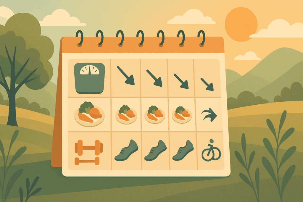 Calendar illustration showing gradual weekly weight loss with symbols of balanced meals, exercise, and progress to represent How Long Does It Take to Lose Weight Safely