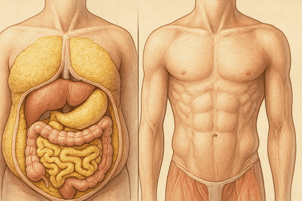 Split-screen medical illustration showing gradual fat loss and muscle definition over time to visualize How Long Does It Take to Lose Weight Safely