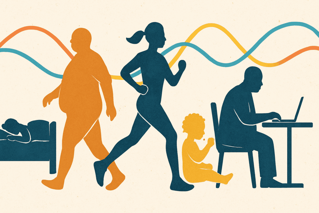 Silhouettes of diverse people of different ages and body types sleeping, exercising, eating, and working, visually illustrating factors that influence how long does it take to lose weight safely.