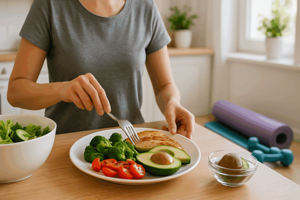 Person preparing a balanced meal with vegetables, avocado, and grilled chicken beside a yoga mat and dumbbells, illustrating How Long Does It Take to Lose Weight Safely.