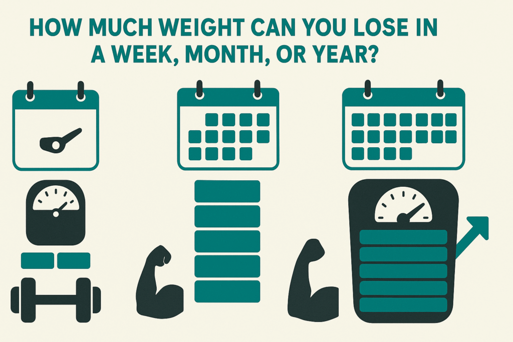 Infographic showing visual timeline of safe weight loss progress—1–2 lbs per week, 4–8 lbs per month, and up to 52 lbs per year—to illustrate How Long Does It Take to Lose Weight Safely