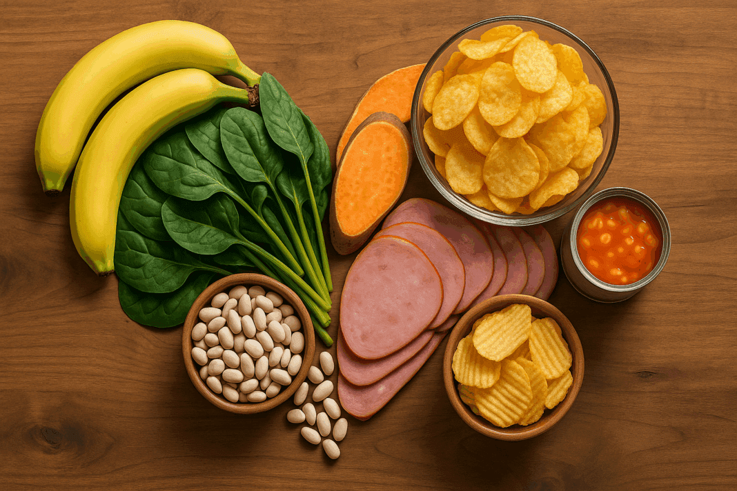 Heart-shaped display of fruits and vegetables rich in potassium next to salty processed foods, illustrating the question: Can Potassium Cancel Out Sodium.
