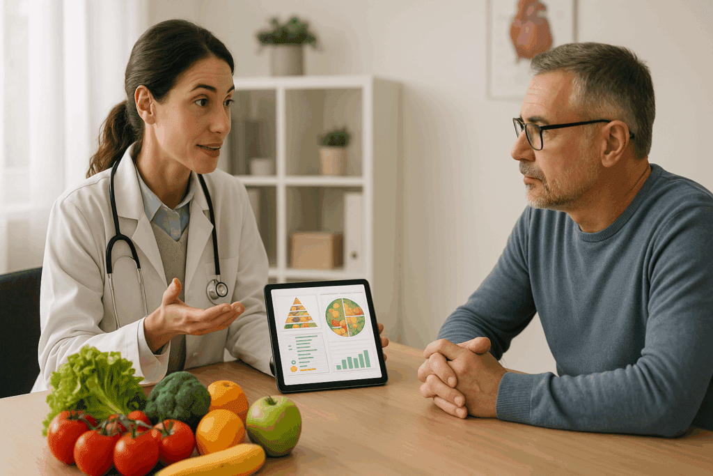Nutritionist consulting a patient about diet with fruits, vegetables, and a tablet displaying food charts, highlighting the topic Can Potassium Cancel Out Sodium.