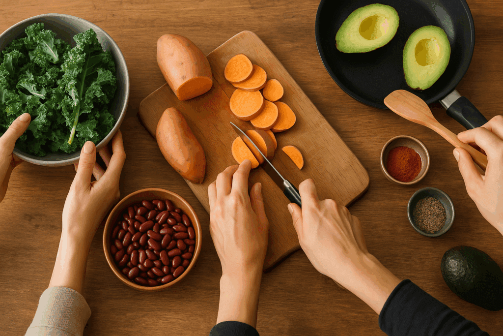 Hands preparing a low sodium high potassium meal with leafy greens, sweet potatoes, beans, and avocados, illustrating Can Potassium Cancel Out Sodium