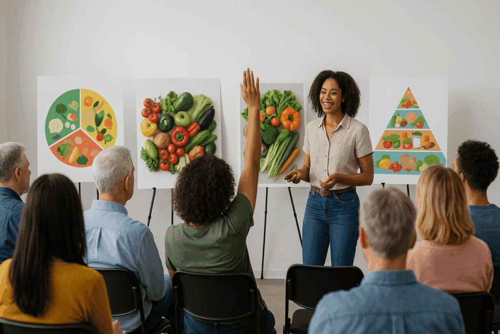 Community members at a health seminar discussing Can Potassium Cancel Out Sodium, with colorful produce posters in the background.