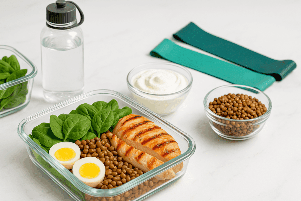 Balanced meal prep with grilled chicken, eggs, lentils, Greek yogurt, and greens, showing how to become skinny in a week with high-protein foods.