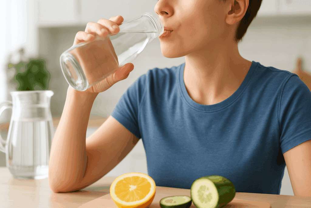 Person drinking water from a glass bottle in a bright kitchen with lemon and cucumber, showing how to become skinny in a week through hydration