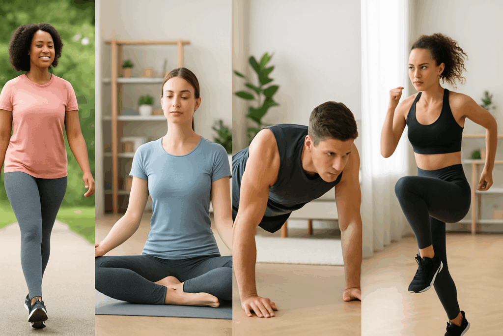Diverse workout montage showing how to become skinny in a week with walking, yoga, bodyweight training, and indoor cardio