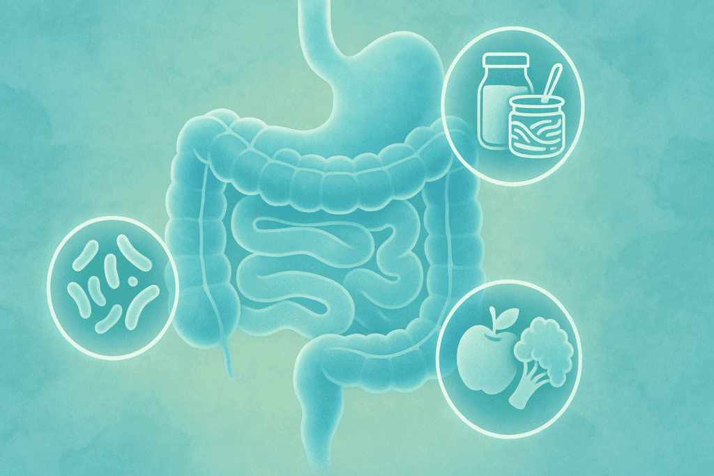 Stylized digestive tract with glowing icons of yogurt, kimchi, apples, and broccoli showing how to become skinny in a week through gut health