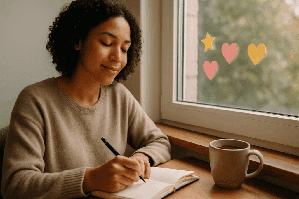Young woman journaling peacefully near a sunlit window with tea and symbols, reflecting on how to become skinny in a week.