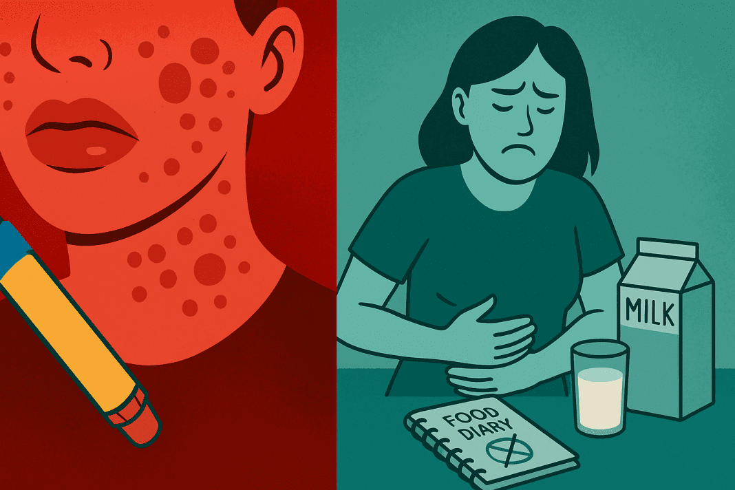 Split-screen illustration comparing food allergy and food intolerance with red emergency symptoms on one side and calm digestive discomfort on the other.