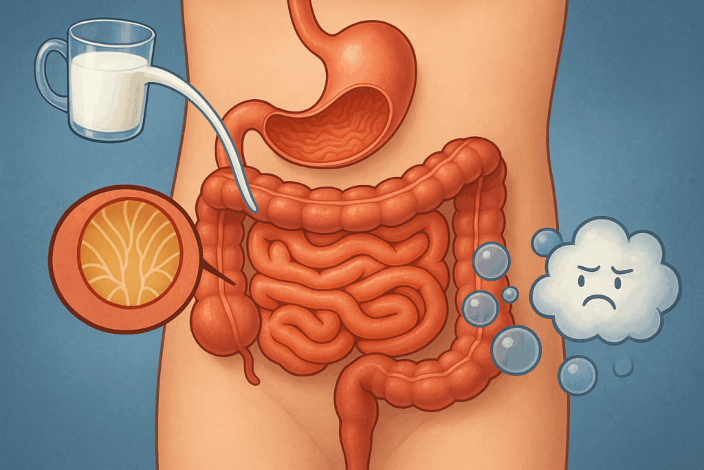Cutaway illustration of the digestive system showing food allergy and food intolerance, with milk triggering gas and bloating from lactose intolerance.