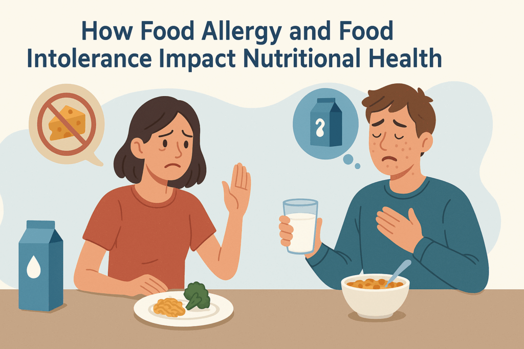 Two people showing health effects of food allergy and food intolerance—one avoids all dairy unnecessarily, the other eats mislabeled milk.