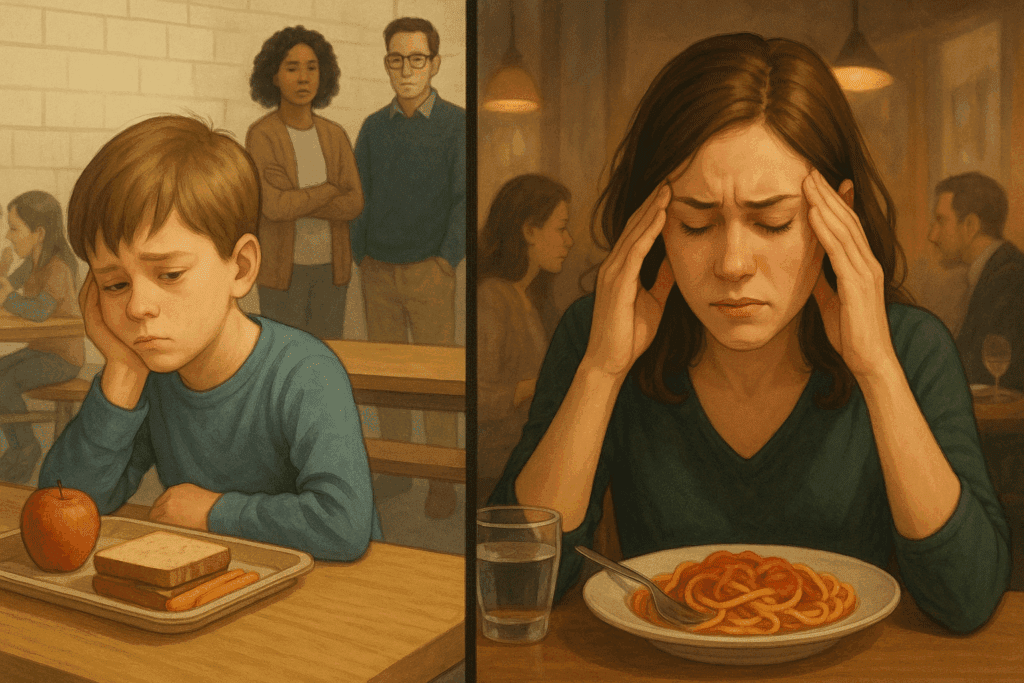 Child with food allergy sitting alone in a school cafeteria and adult experiencing stress from food intolerance at a restaurant.