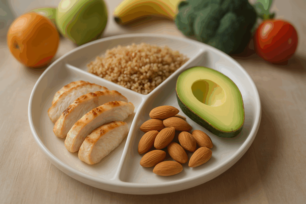Divided plate with grilled chicken, quinoa, avocado, and almonds arranged to visually represent macronutrients.