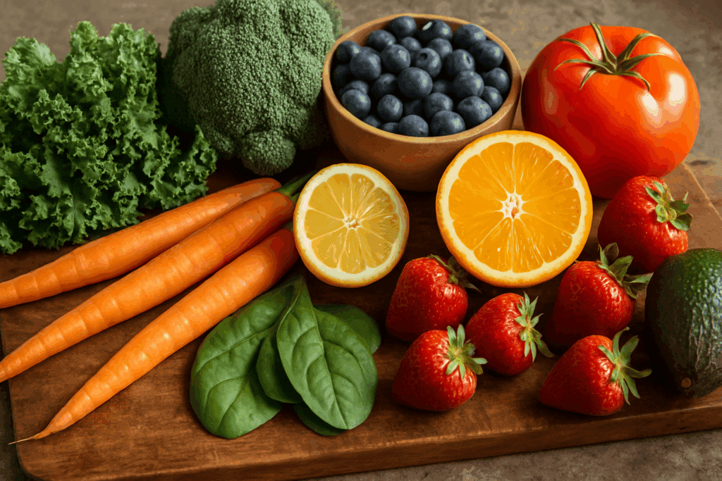 Colorful macronutrients-rich fruits and vegetables including leafy greens, berries, carrots, and citrus on a rustic cutting board