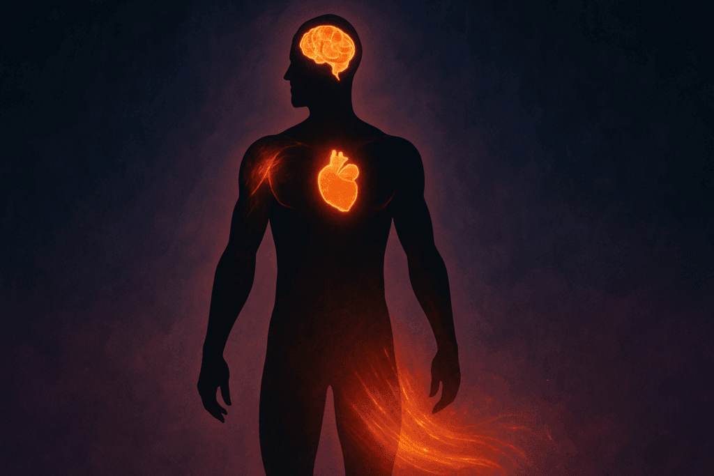 Artistic rendering of a human silhouette glowing with energy to show how macronutrients power muscles, brain, heart, and movement.