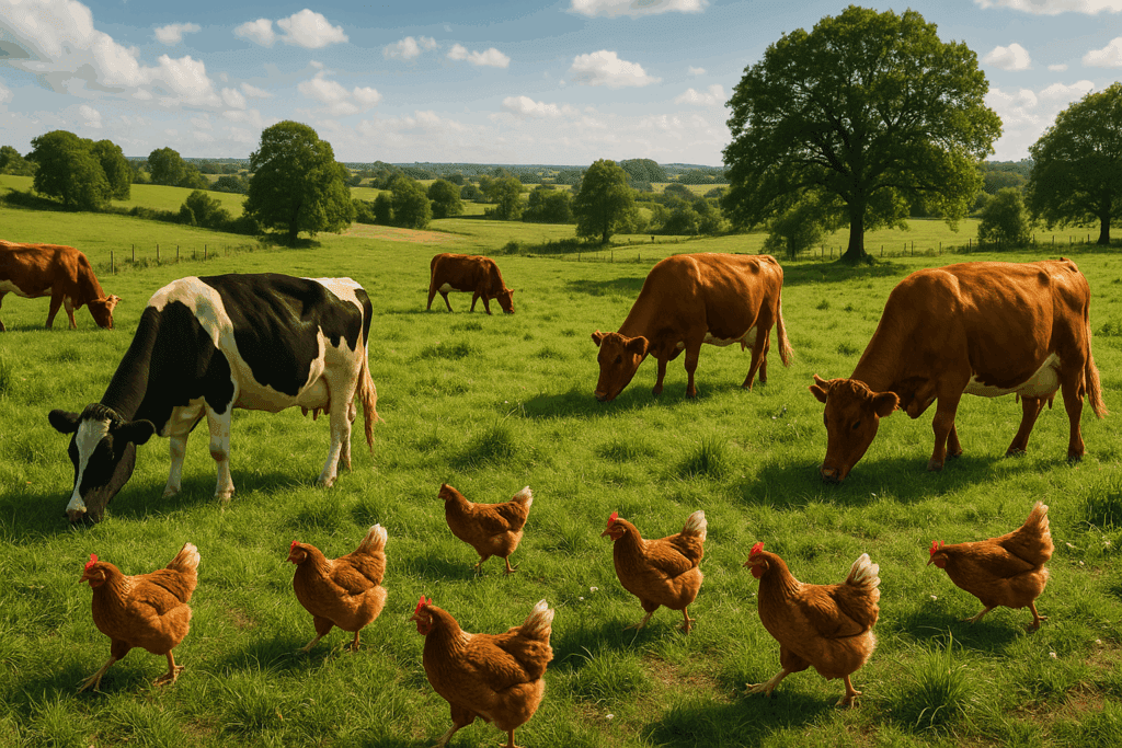 Cows and chickens grazing on natural pastures under sunlight, illustrating diverse macronutrients in animal nutrition.